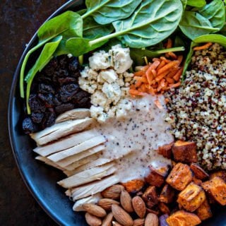 Winter Spinach Chicken Salad Quinoa Bowl with Creamy Almond White Balsamic Dressing