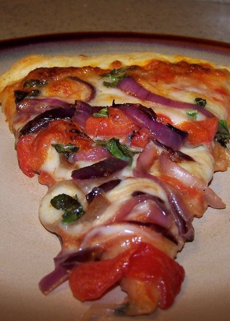 Pizza with Caramelized Onions and Roasted Peppers