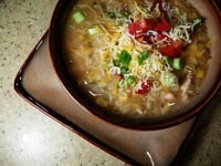 Overhead view of a bowl of white bean and chicken chili. 