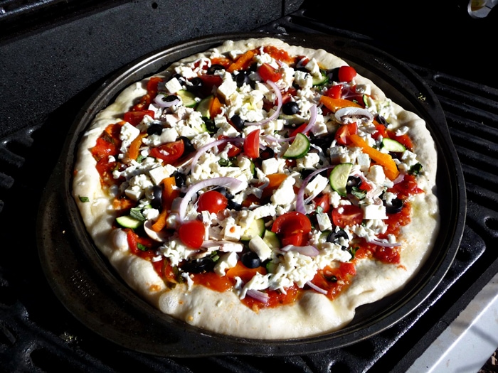 Supreme Veggie Pizza with Mozzarella and Feta - pizza on the grill