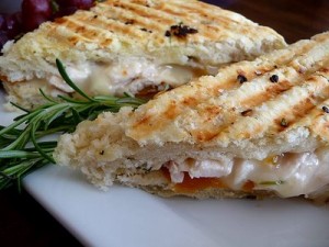 Roasted Chicken, Brie, and Apricot Panini on Rosemary Foccacia