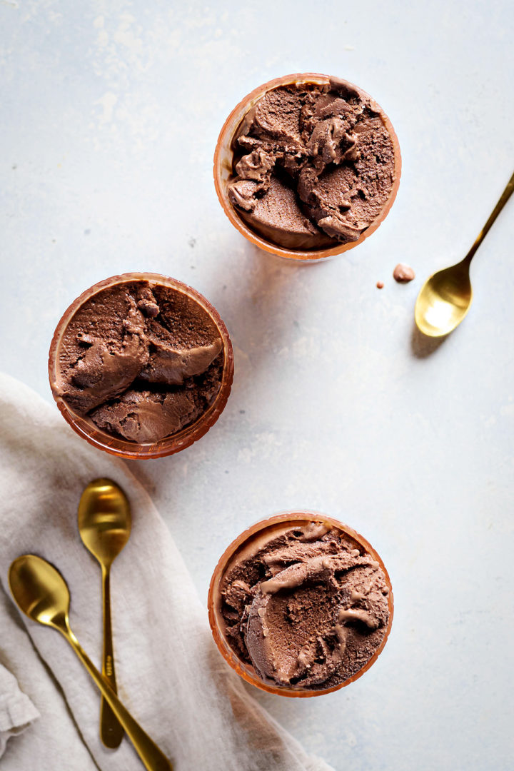 three bowls of chocolate gelato ready to serve