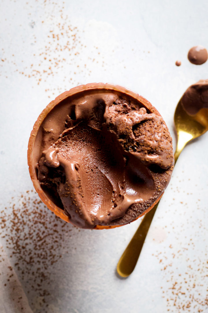 close up overhead photo of the dark chocolate gelato in a bowl