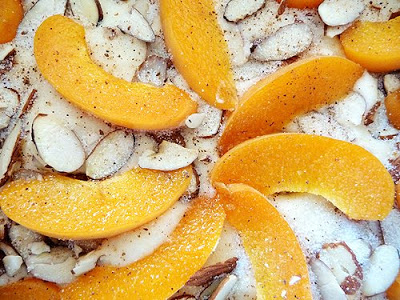 Overhead view of an unbaked apricot almond cake.