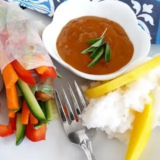 Vietnamese spring rolls on a white plate with peanut dipping sauce
