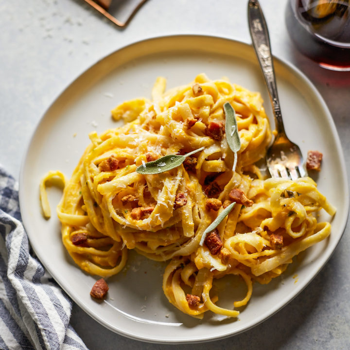 a plate of pasta with butternut pasta sauce