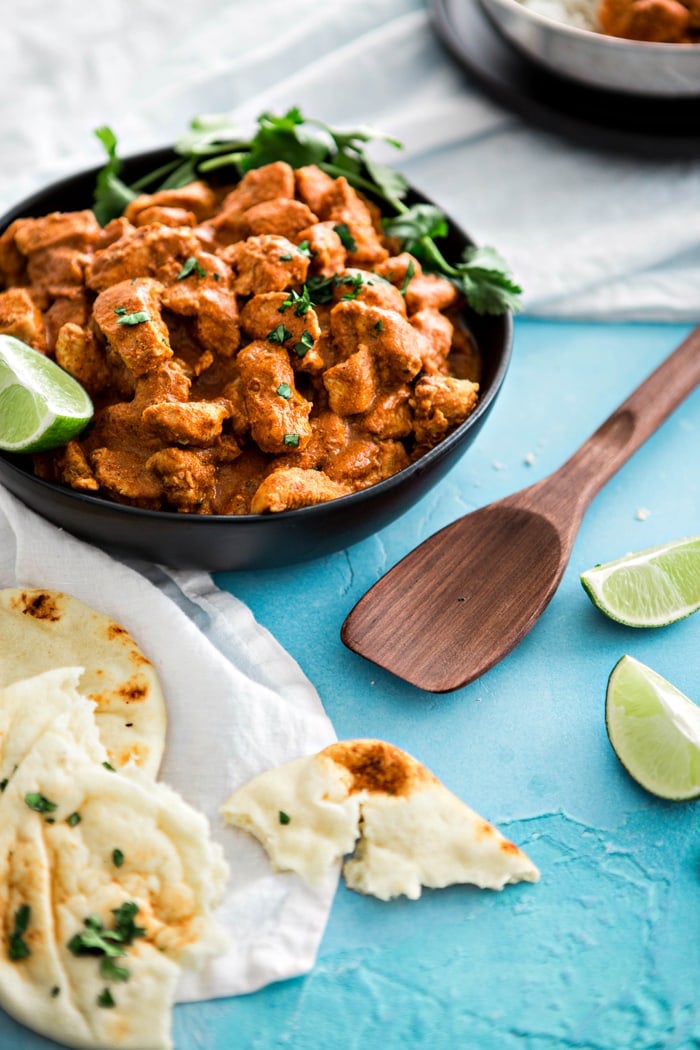 Indian Butter Chicken with Basmati Rice is a delicious, easy Indian recipe.  This family favorite makes it simple to cook popular Indian recipes at home.  It features tender chicken in an Indian spiced creamy, tomato based sauce featuring the flavors of garam masala. 