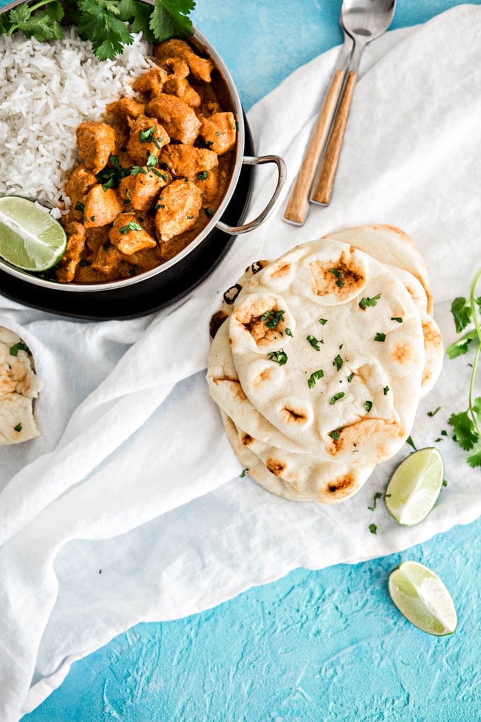 Photo of Homemade Naan Flatbread with Indian Butter Chicken recipe and Basmati Rice