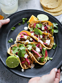 photo of a plate with shredded pork tacos