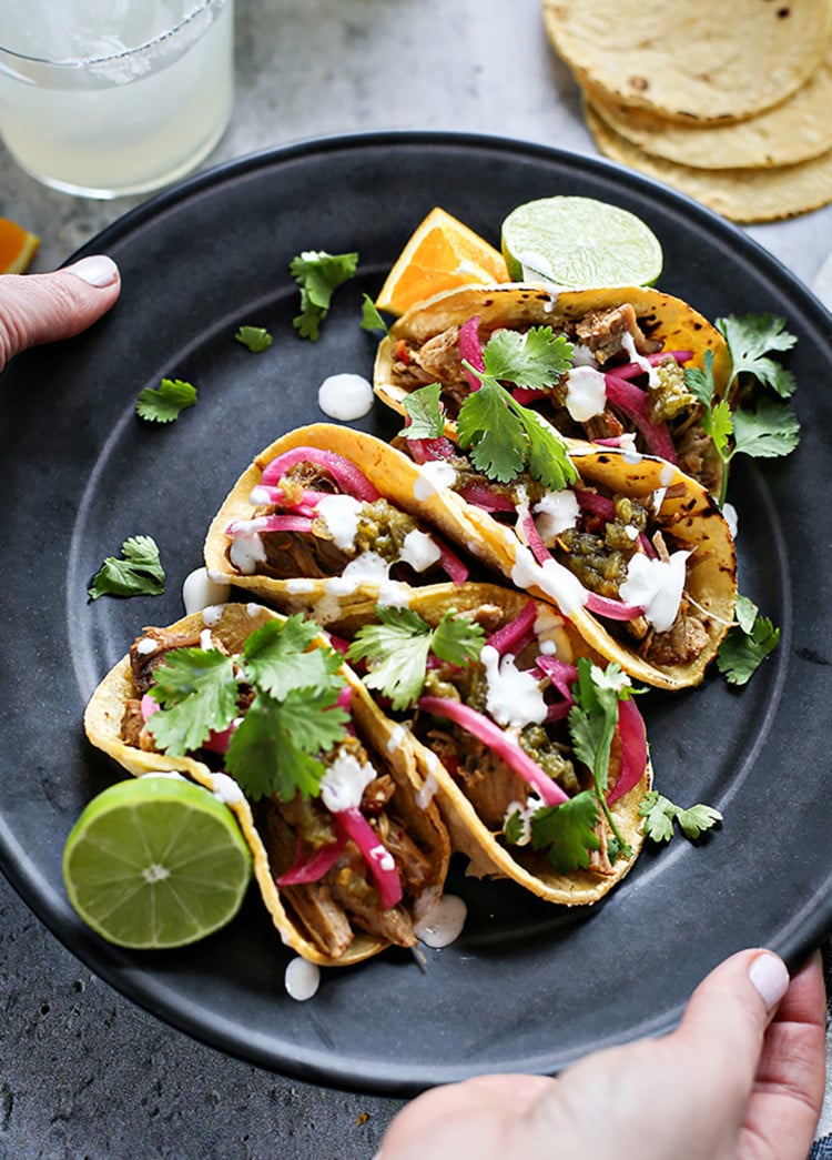 photo of a plate with shredded pork tacos