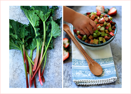 Photo collage showing fresh rhubarb stalks next to a bowl of chopped rhubarb. 