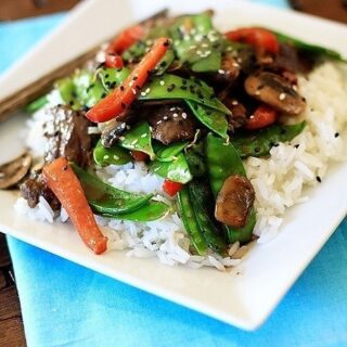 Gingered Skirt Steak with Snow Peas, Mushrooms, and Peppers