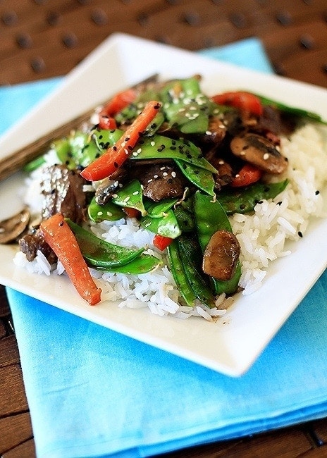Gingered Skirt Steak with Snow Peas, Mushrooms, and Peppers