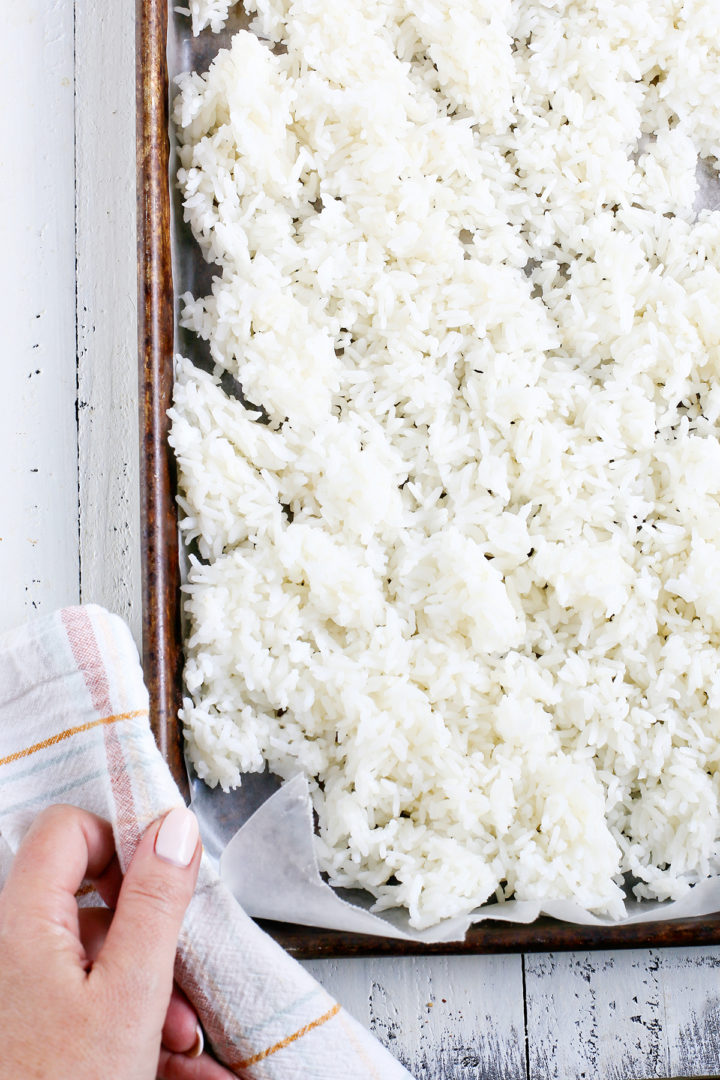 White rice on a baking sheet, being cooled down in preparation for freezing. 