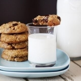 chewy almond butter cookies with oatmeal and chocolate chunks