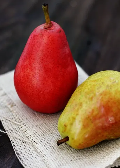 a red pear and a Bartlett pear ingredients to make spiced pear compote