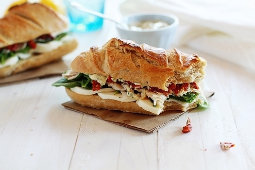 Turkey Baguette with Spinach, Artichoke and Sun Dried Tomatoes with Basil Dijion Aioli
