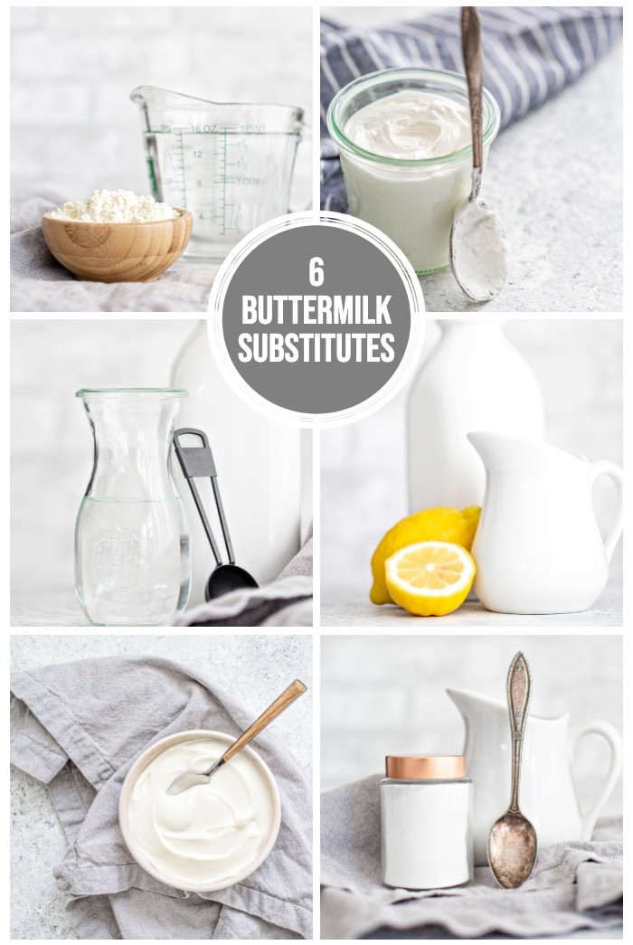 collage showing photos of 6 substitutes for buttermilk to make homemade buttermilk