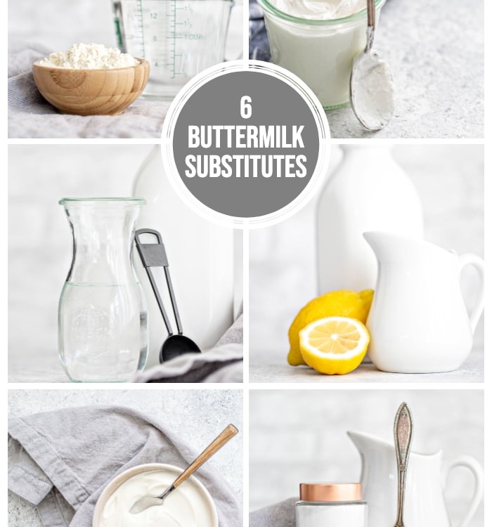 collage showing photos of 6 substitutes for buttermilk to make homemade buttermilk