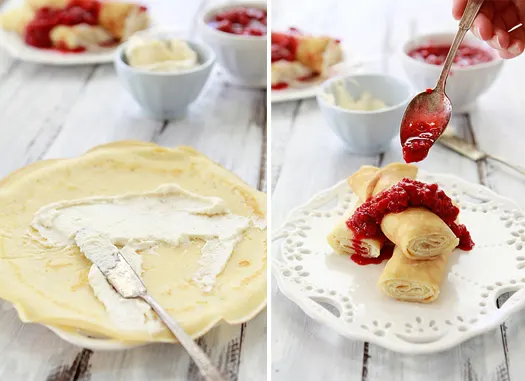 dessert crepes with ricotta filling and raspberry sauce