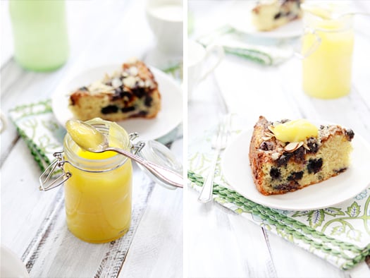 Photo collage showing lemon curd in a jar and a slice of lemon blueberry coffee cake