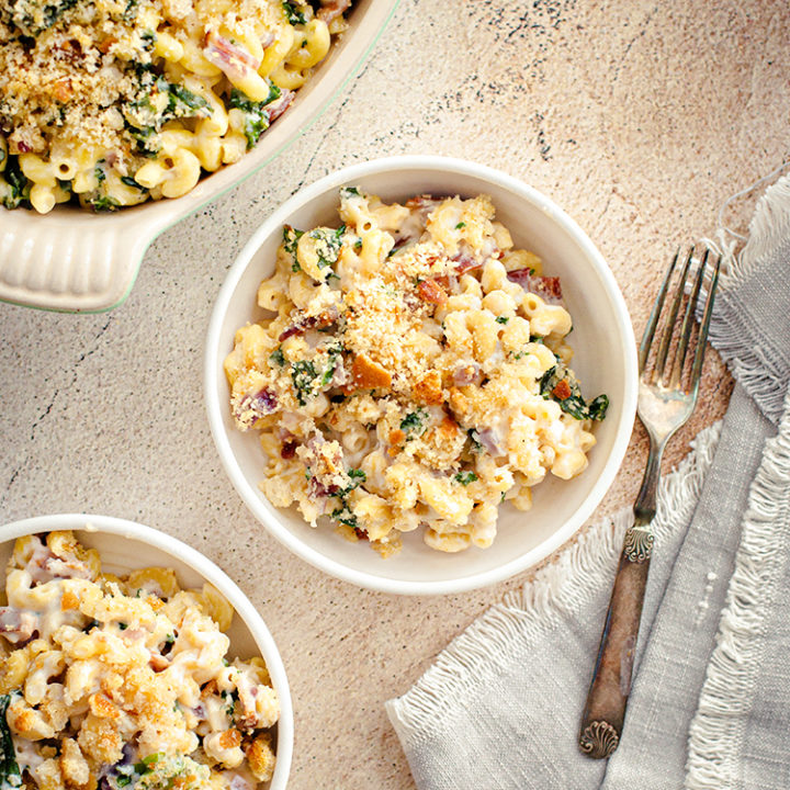 Baked White Cheddar Mac n Cheese with Kale and Bacon