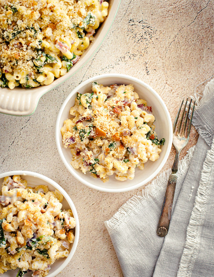 an overhead shot of bowls with white cheddar mac and cheese