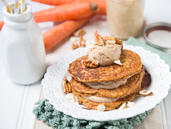carrot cake pancakes with white chocolate pecan butter