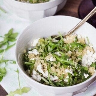 Warm Arugula Salad with Quinoa and Goat Cheese - Queen of Quinoa - featured img