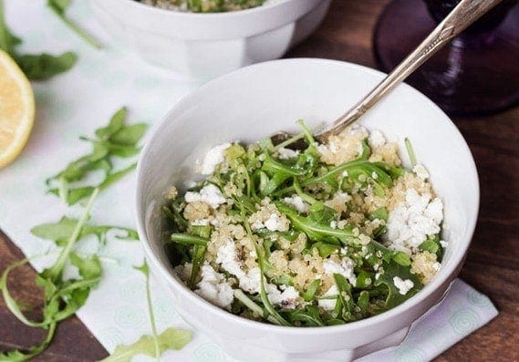 Warm Arugula Salad with Quinoa and Goat Cheese - Queen of Quinoa - featured img
