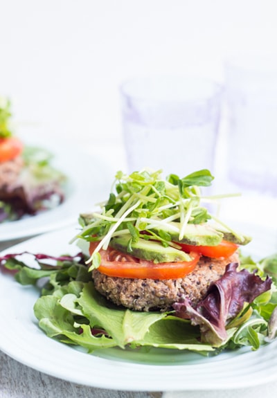 Black Bean Quinoa Burger on lettuce leaf 