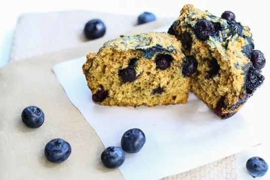 whole wheat blueberry muffin cut in half