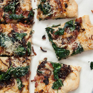 Caramelized Onion, Spinach and Bacon Pizza