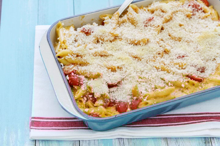 a spicy homemade mac and cheese dish fresh out of the oven