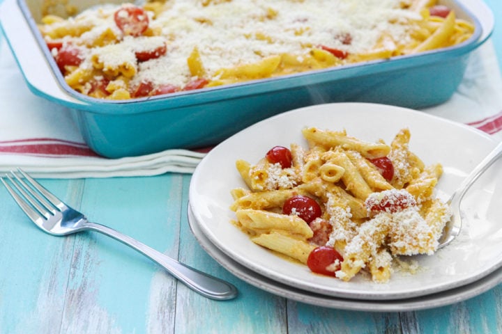 a white plate with southwestern penne Mac and Cheese