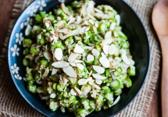 close up photo of a serving dish filled with this cold asparagus salad recipe