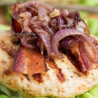 Goat Cheese Stuffed Turkey Burgers with Bacon & Caramelized Onions