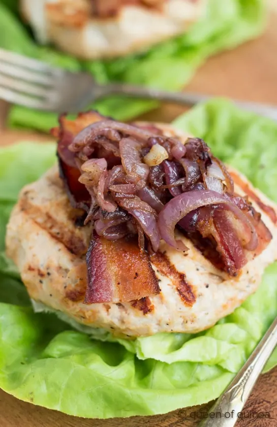 Goat Cheese Stuffed Turkey Burgers with Bacon and Caramelized Onions