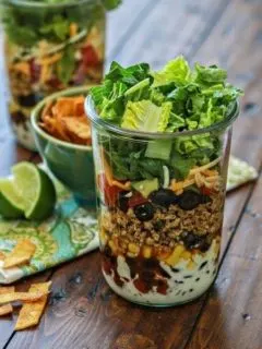 layered ground chicken taco salad in a jar recipe