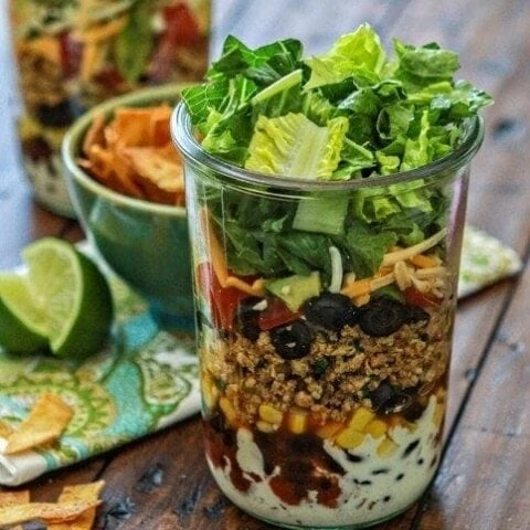 layered ground chicken taco salad in a jar recipe