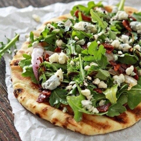 Bacon Blue Cheese Grilled Flatbread with Arugula