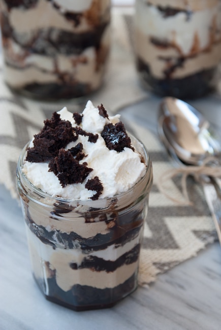 Top view of a brownie mousse trifle in a jar. 