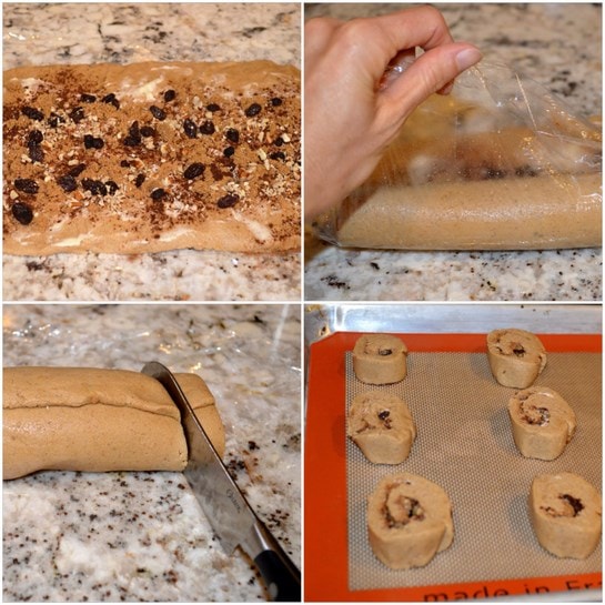 A photo collage showing how to make cinnamon pinwheel cookies. 