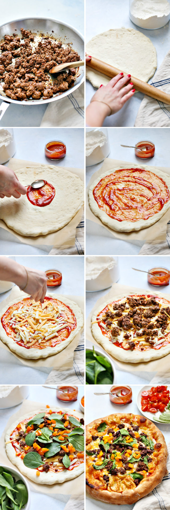 step by step photos showing how to make a taco pizza