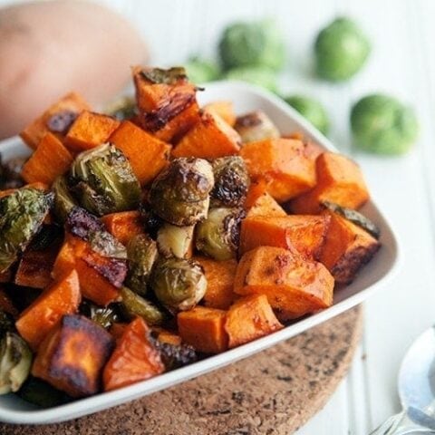 Maple Chipotle Roasted Sweet Potatoes and Brussels Sprouts