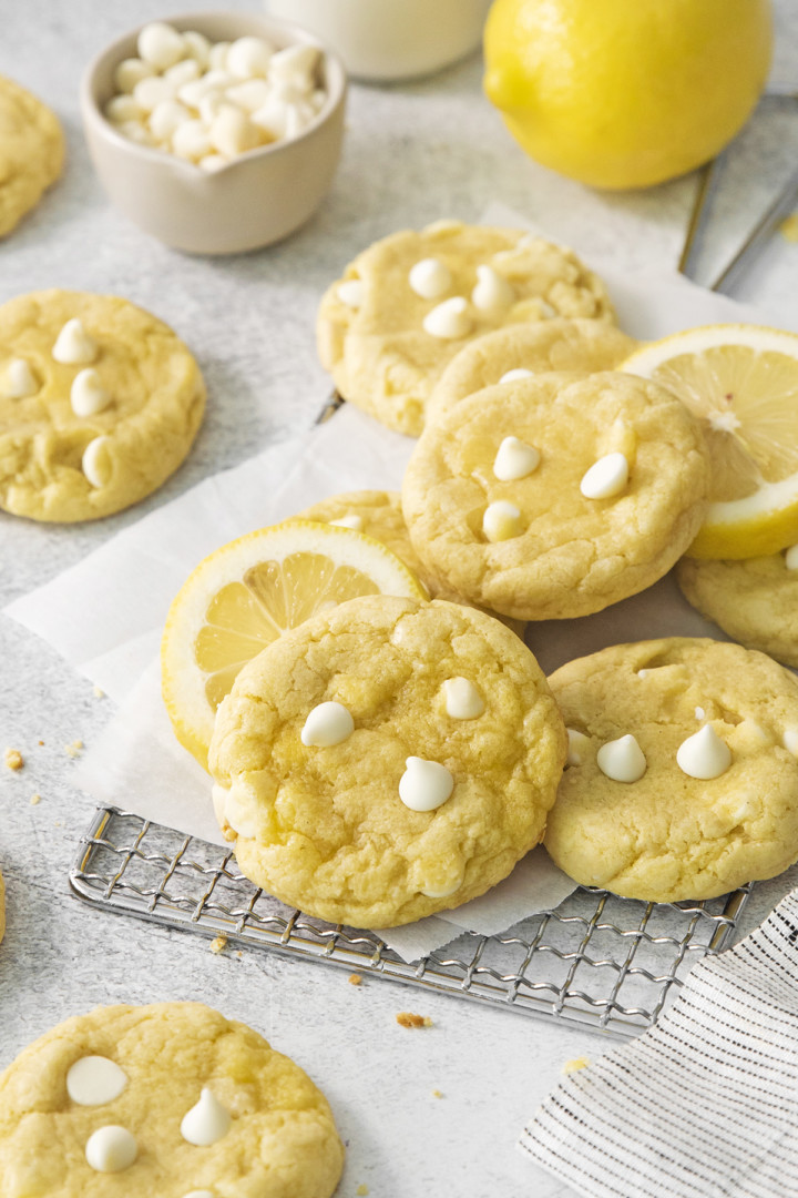freshly baked gluten-free lemon cookies on a wire baking rack