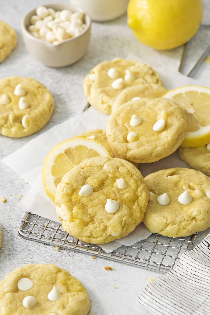 freshly baked gluten-free lemon cookies on a wire baking rack