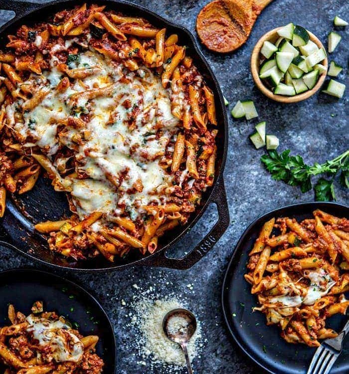 Easy One Skillet Baked Ziti is the perfect, easy comforting pasta dish. Baked Ziti made in a single skillet for a quick weeknight meal.