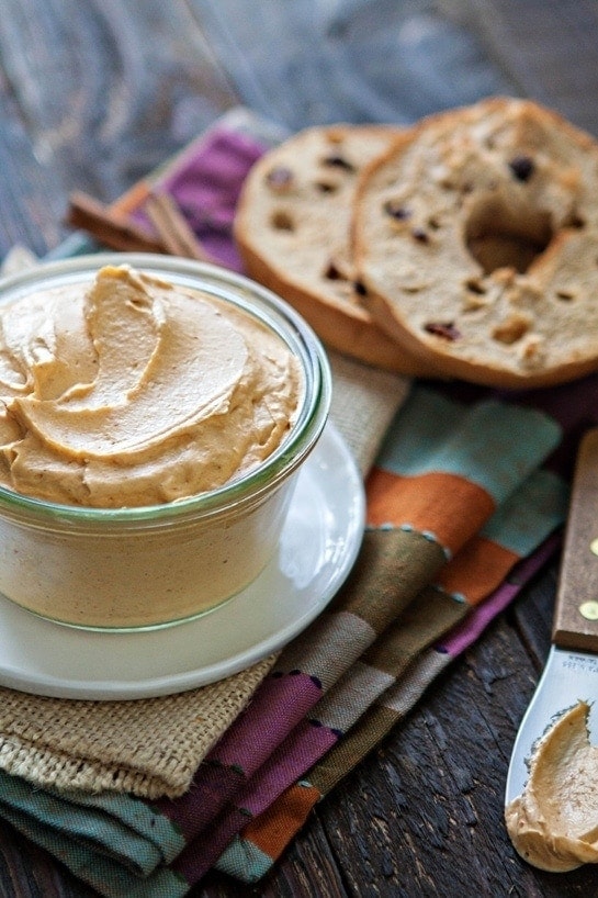 photo of pumpkin cream cheese in a jar with a knife