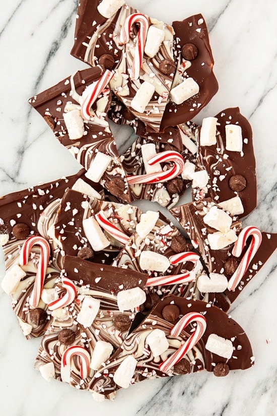 triple chocolate peppermint bark on marble countertop
